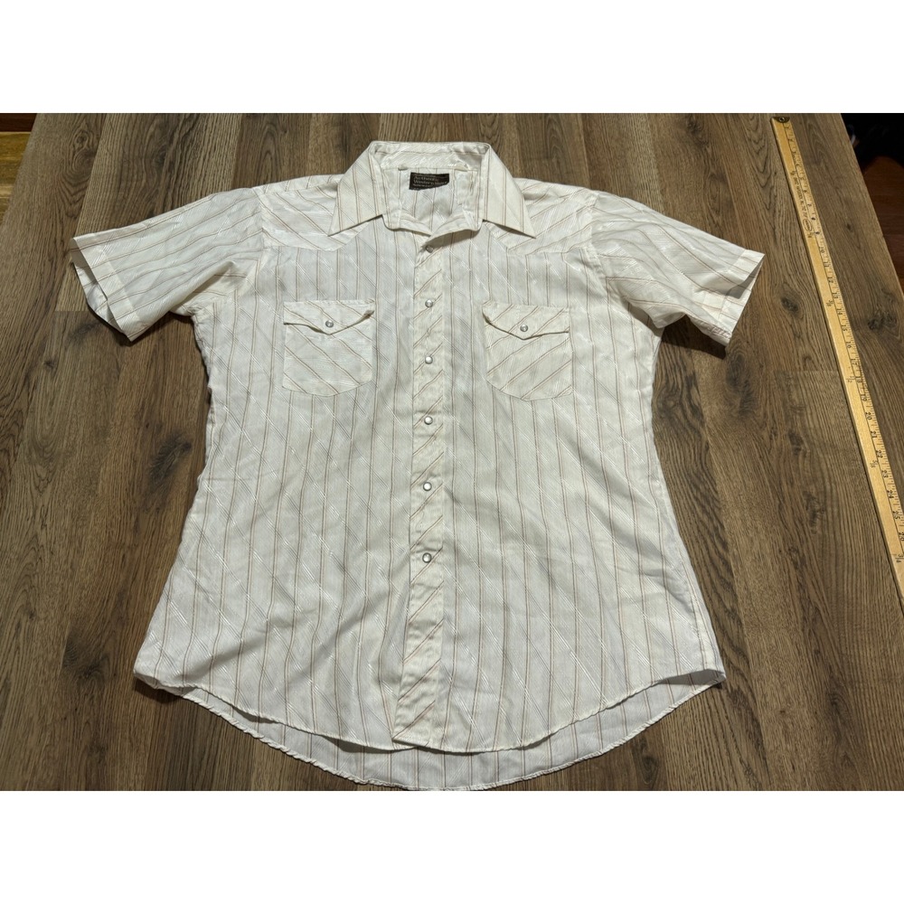 JCPenney Shirt Mens Size L White Striped SS Pearl Snap Authentic Western